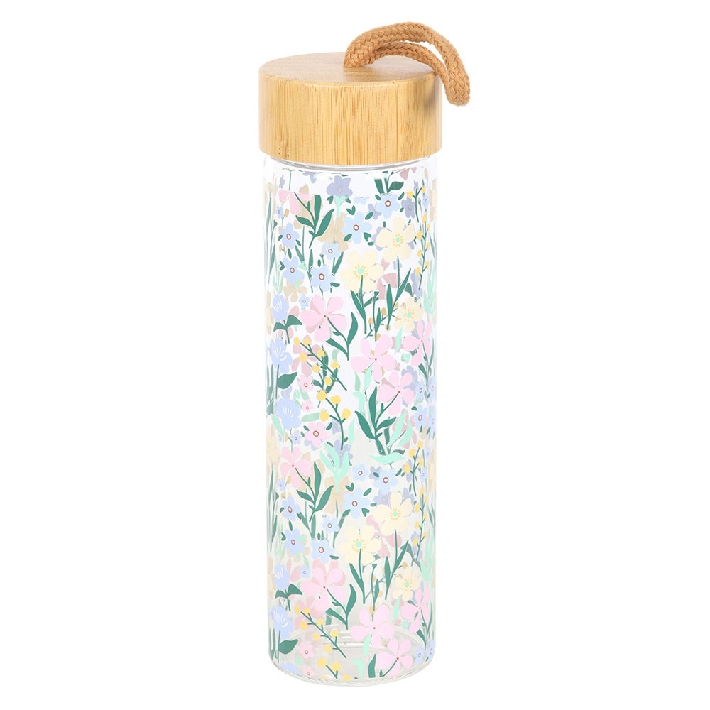 Something Different - Ditsy Floral Print Glass and Bamboo Waterfles - Multicolours